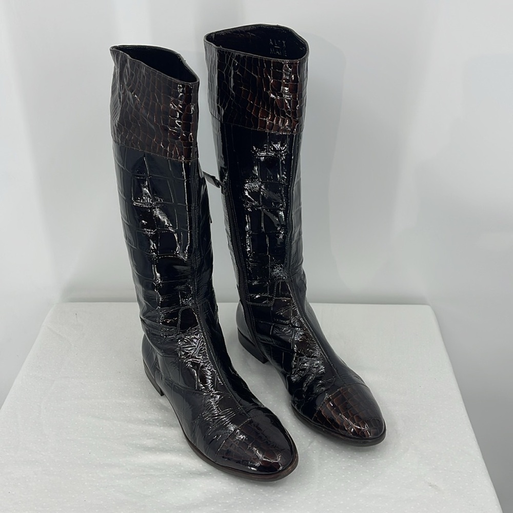Alex Marie WOMENS SIZE 9 Black BOOT BROWN TOE SHINY FAUX CROCODILE, PATENT